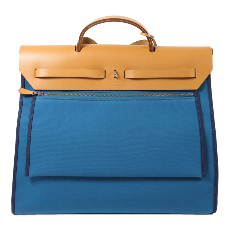HERMES 帆布Herbag MM銀扣手挽肩背兩用袋Blue Izmir-1