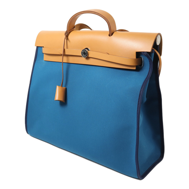 HERMES 帆布Herbag MM銀扣手挽肩背兩用袋Blue Izmir-2