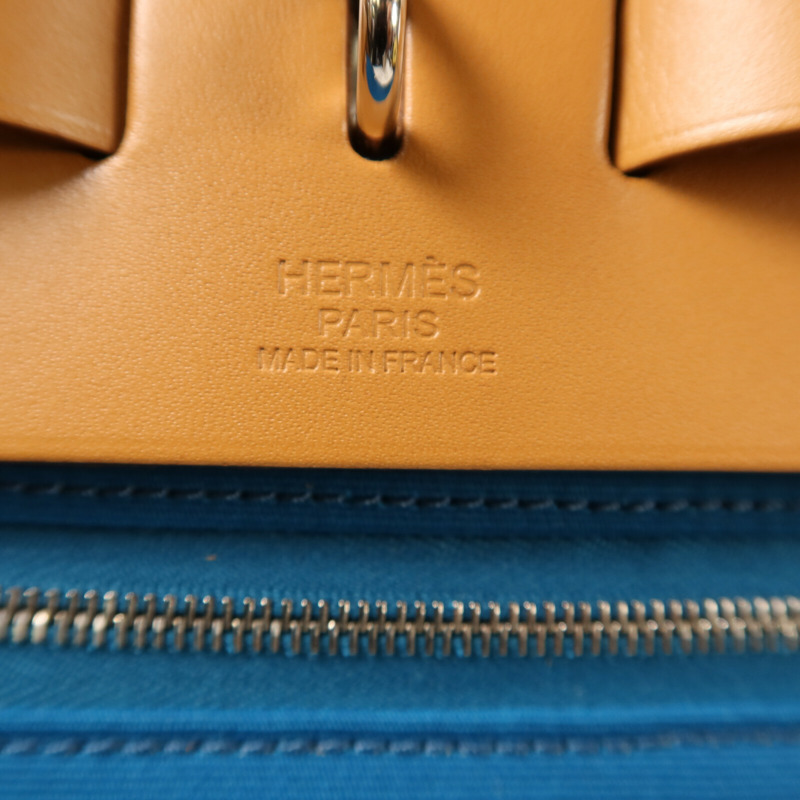 HERMES 帆布Herbag MM銀扣手挽肩背兩用袋Blue Izmir-5