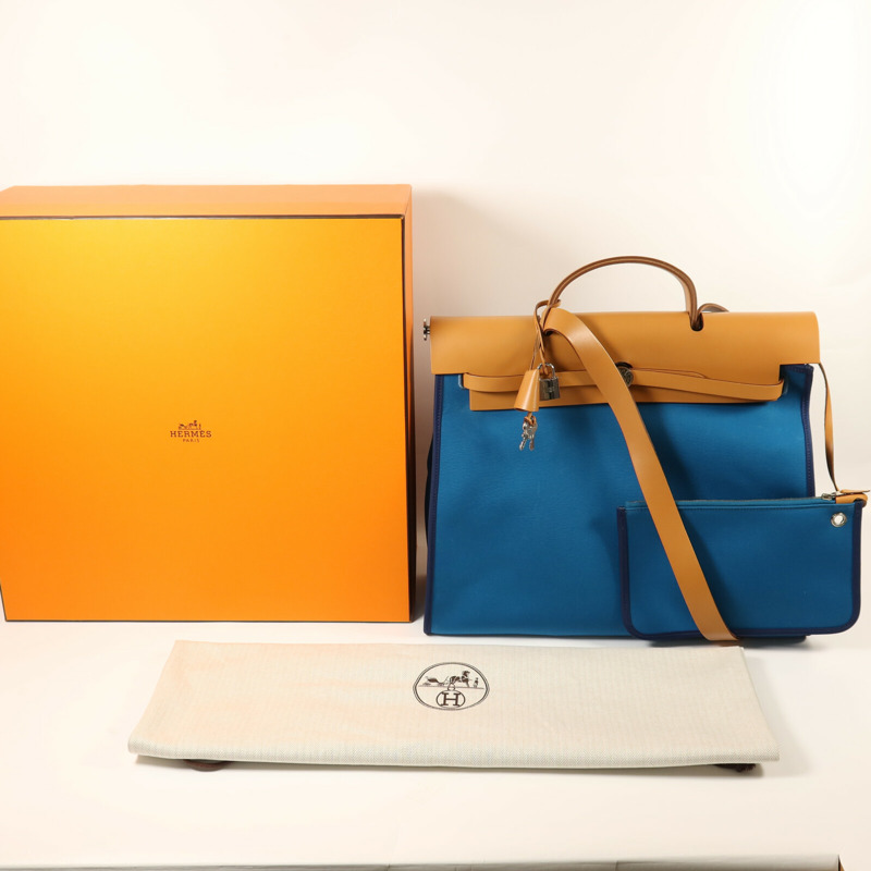 HERMES 帆布Herbag MM銀扣手挽肩背兩用袋Blue Izmir-8