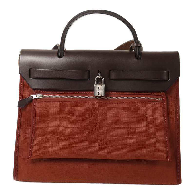 HERMES 帆布Herbag PM銀扣手挽肩背兩用袋Brique-1