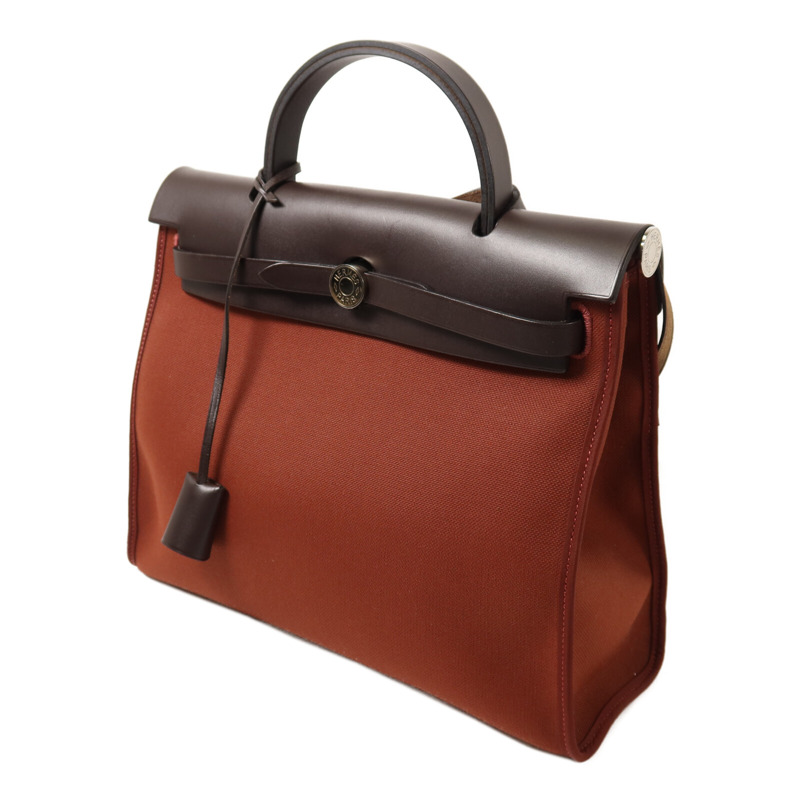 HERMES 帆布Herbag PM銀扣手挽肩背兩用袋Brique-2