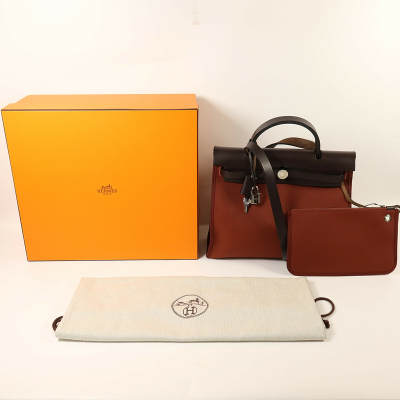 HERMES 帆布Herbag PM銀扣手挽肩背兩用袋Brique-8