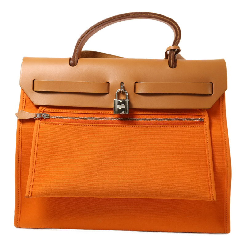 HERMES 帆布Herbag PM銀扣手挽肩背兩用袋Orange-1