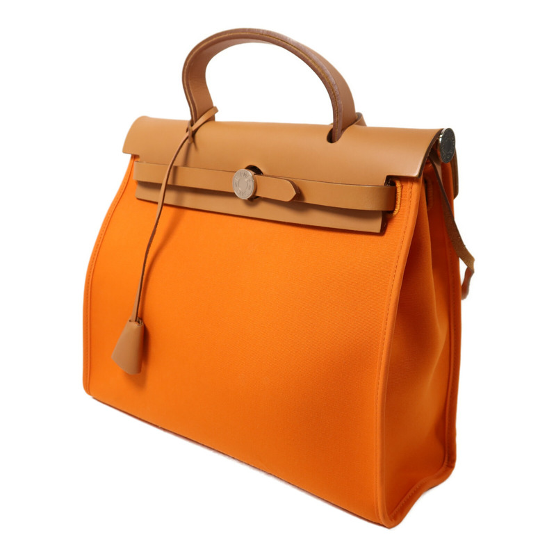 HERMES 帆布Herbag PM銀扣手挽肩背兩用袋Orange-2