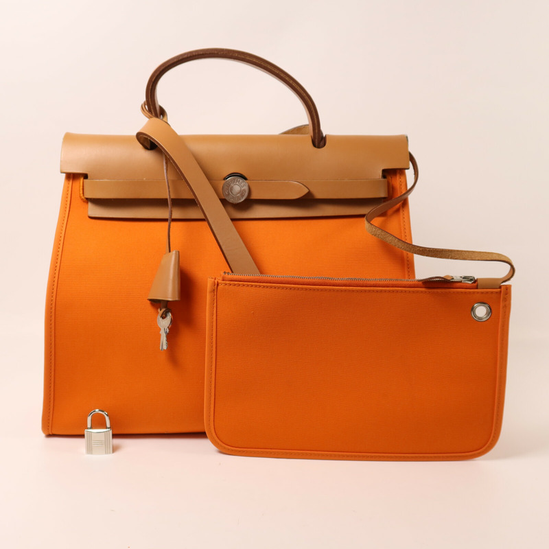 HERMES 帆布Herbag PM銀扣手挽肩背兩用袋Orange-4