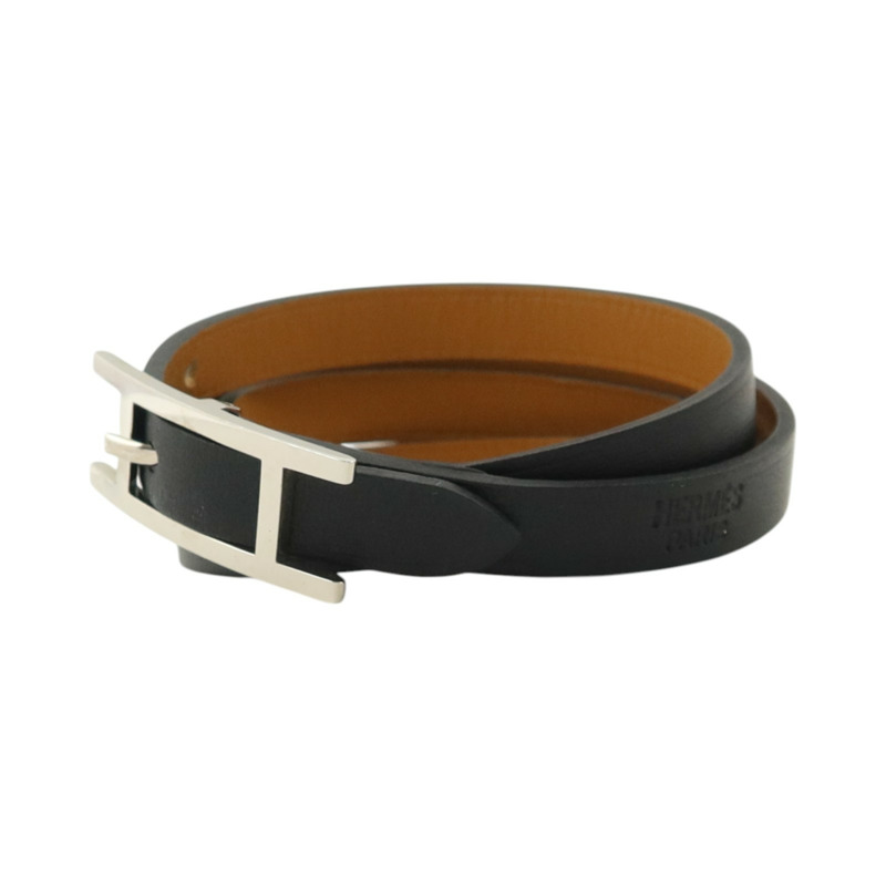 HERMES Tadelakt皮革Behapi Triple Tour銀扣手鏈Noir-1