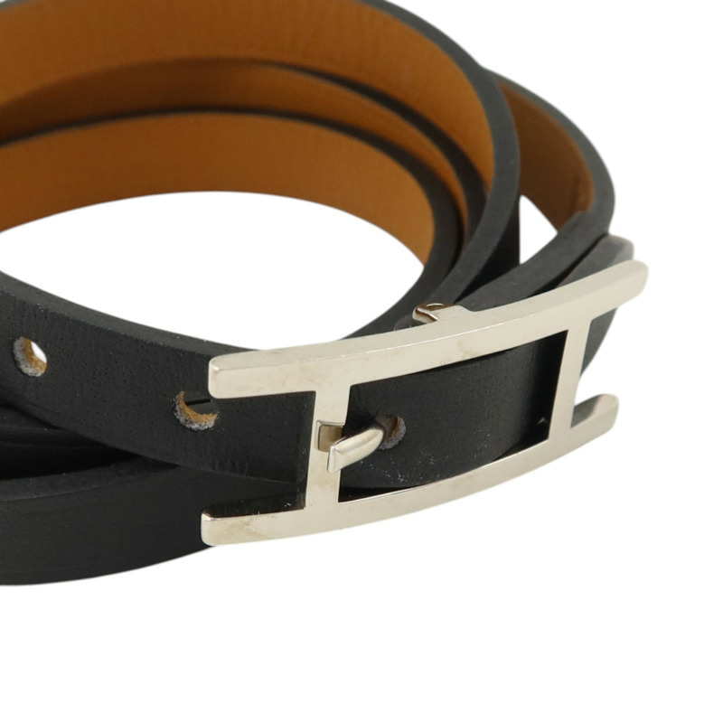 HERMES Tadelakt皮革Behapi Triple Tour銀扣手鏈Noir-3