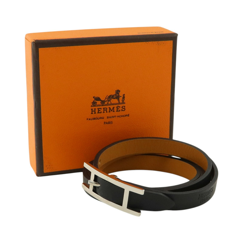 HERMES Tadelakt皮革Behapi Triple Tour銀扣手鏈Noir-8