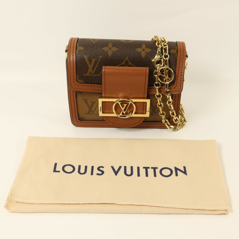 LOUIS VUITTON Monogram/Monogram Reverse Micro Dauphine金扣鏈帶肩背袋棕色-8