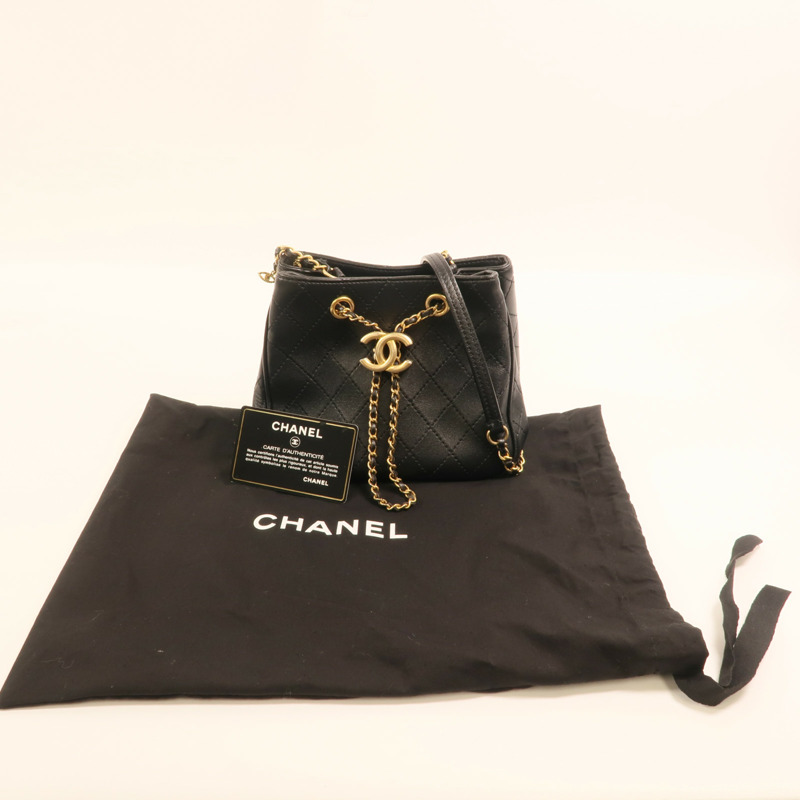 CHANEL 牛皮皮革Drawstring Bucket Bag金扣鏈帶肩背袋-10