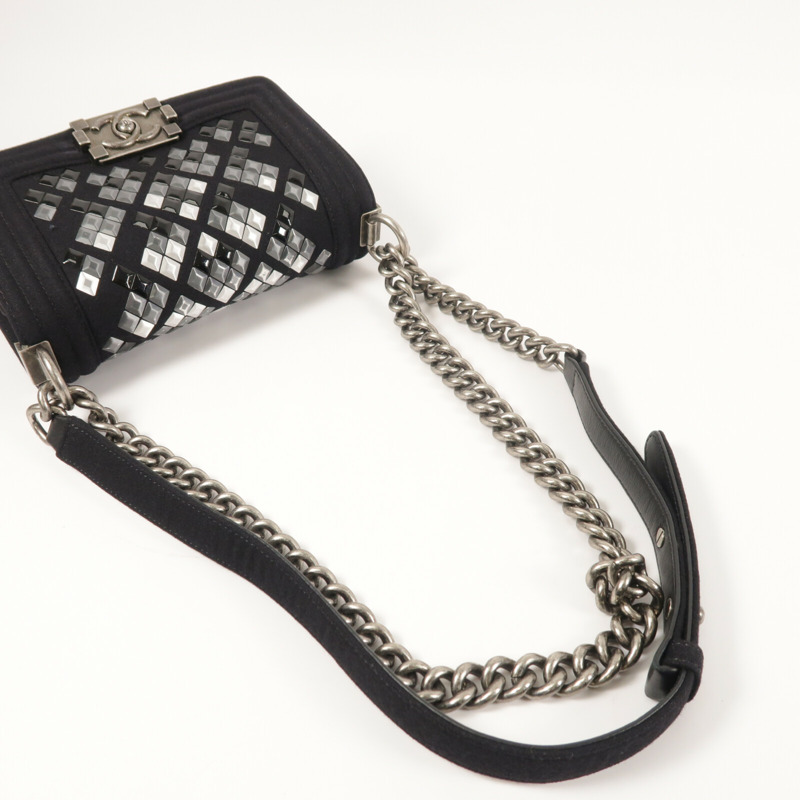 CHANEL 羊毛Mosaic Boy 20銀扣鏈帶肩背袋-10