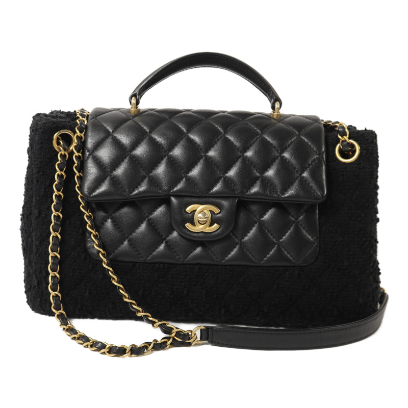 CHANEL 羊皮皮革/Tweed Chain Shoulder Bag鏈帶手挽肩背兩用袋-0
