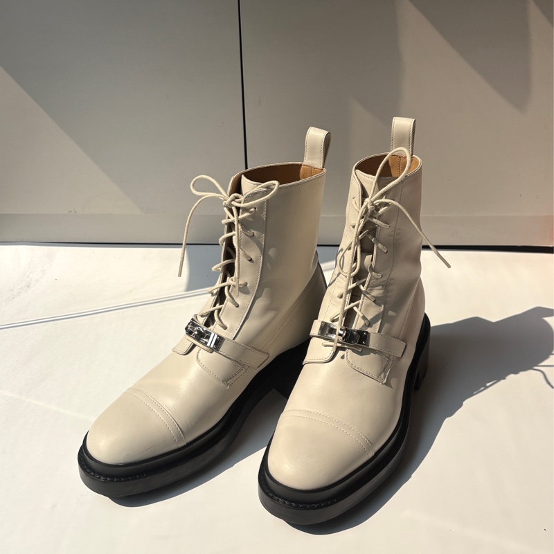 Hermes 米白Kelly釦綁帶短靴-0