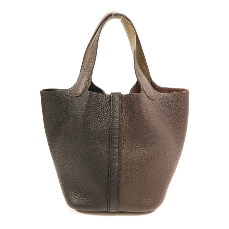 HERMES Clemence皮革Picotin PM金扣手挽袋Noir/Ebene-1