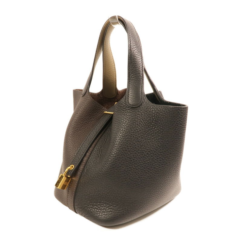 HERMES Clemence皮革Picotin PM金扣手挽袋Noir/Ebene-2