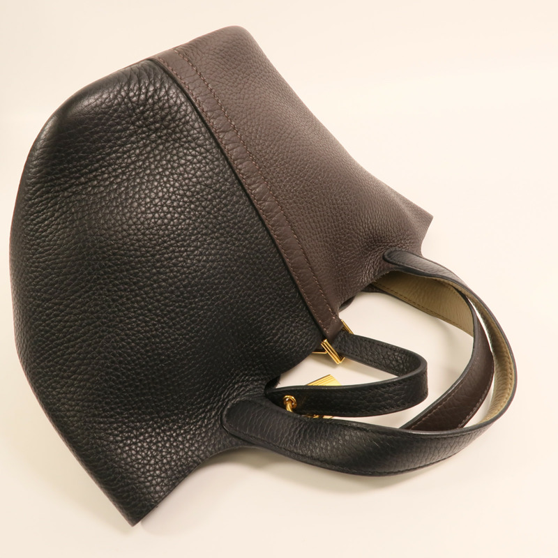 HERMES Clemence皮革Picotin PM金扣手挽袋Noir/Ebene-7