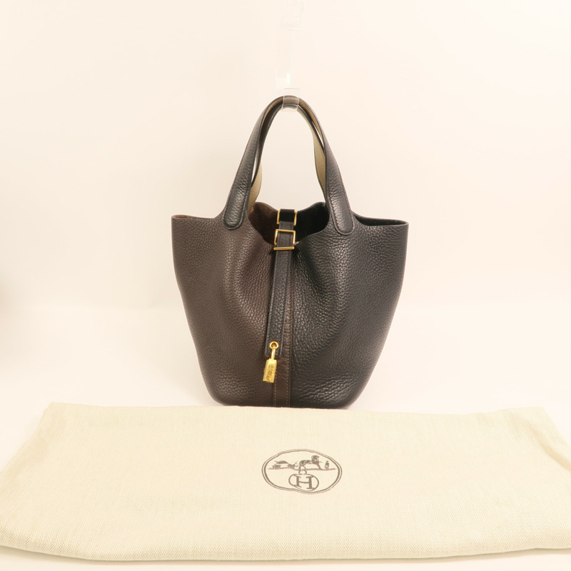 HERMES Clemence皮革Picotin PM金扣手挽袋Noir/Ebene-9