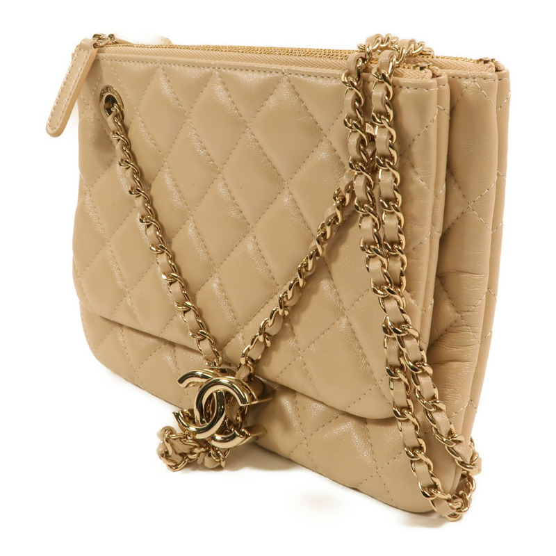 CHANEL 羊皮皮革Drawstring Double Zip Crossbody Bag金扣鏈帶肩背袋-2