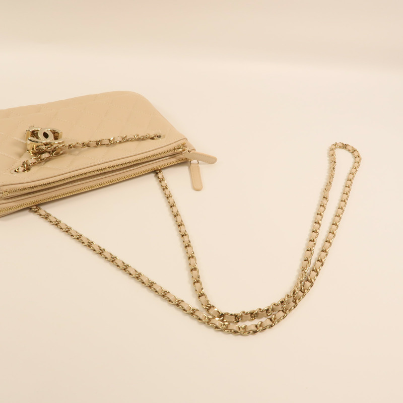 CHANEL 羊皮皮革Drawstring Double Zip Crossbody Bag金扣鏈帶肩背袋-7