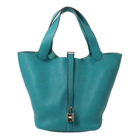 HERMES Clemence皮革Picotin MM銀扣手挽袋Bleu Paon