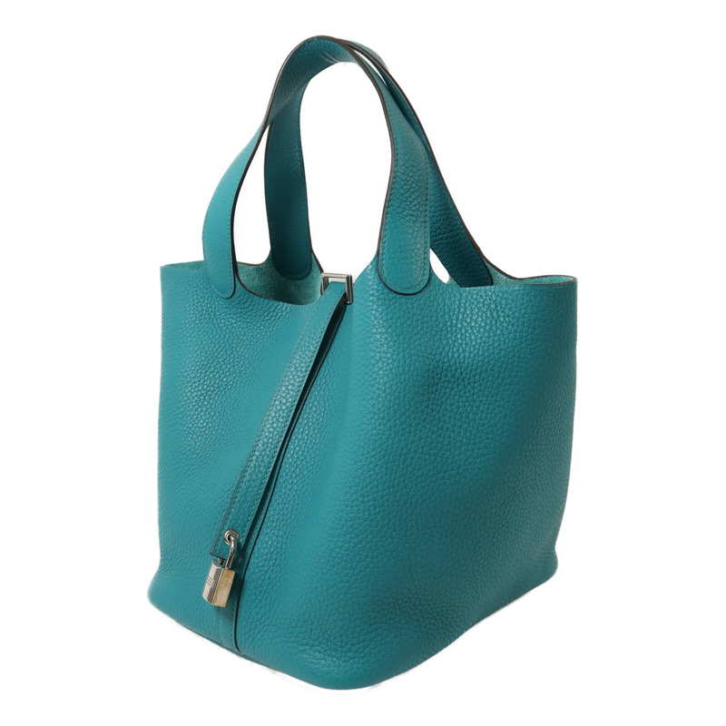 HERMES Clemence皮革Picotin MM銀扣手挽袋Bleu Paon-2