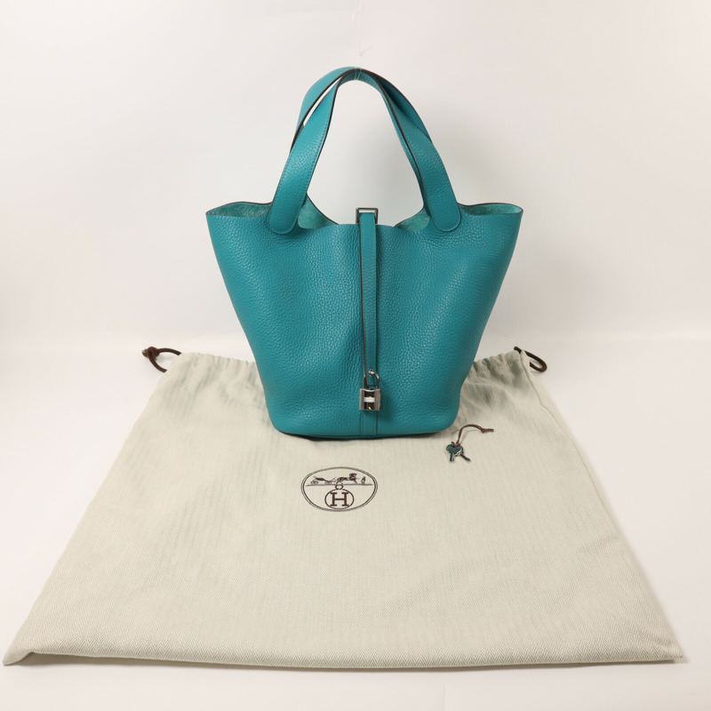 HERMES Clemence皮革Picotin MM銀扣手挽袋Bleu Paon-14