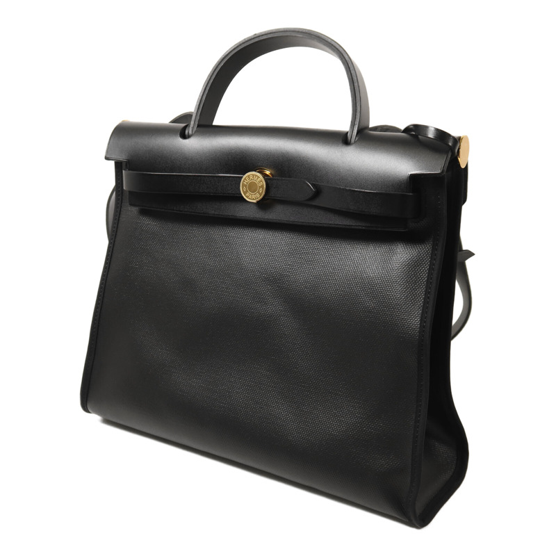 HERMES 塗層帆布Herbag 31金扣手挽肩背兩用袋Noir-2