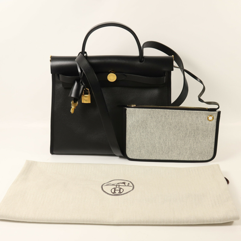 HERMES 塗層帆布Herbag 31金扣手挽肩背兩用袋Noir-4
