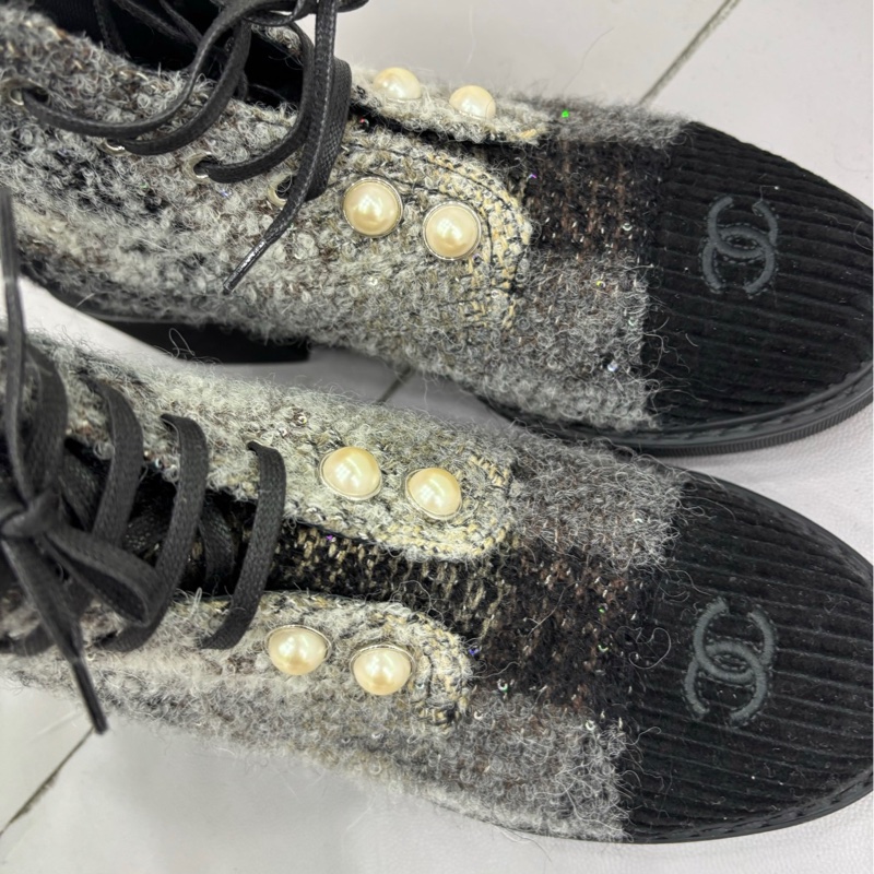 Chanel 粗花呢針織珍珠短靴38.5碼-2