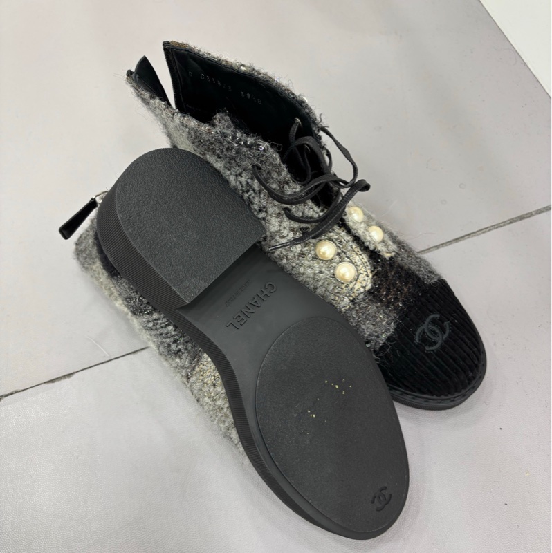 Chanel 粗花呢針織珍珠短靴38.5碼-3