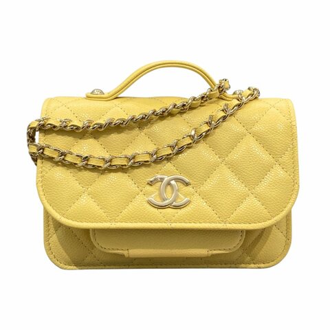 CHANEL 香奈兒 AP2914 BUSINESS AFFINITY BAG 小型手把口蓋郵差包 小牛皮 淺黃色 淺金釦