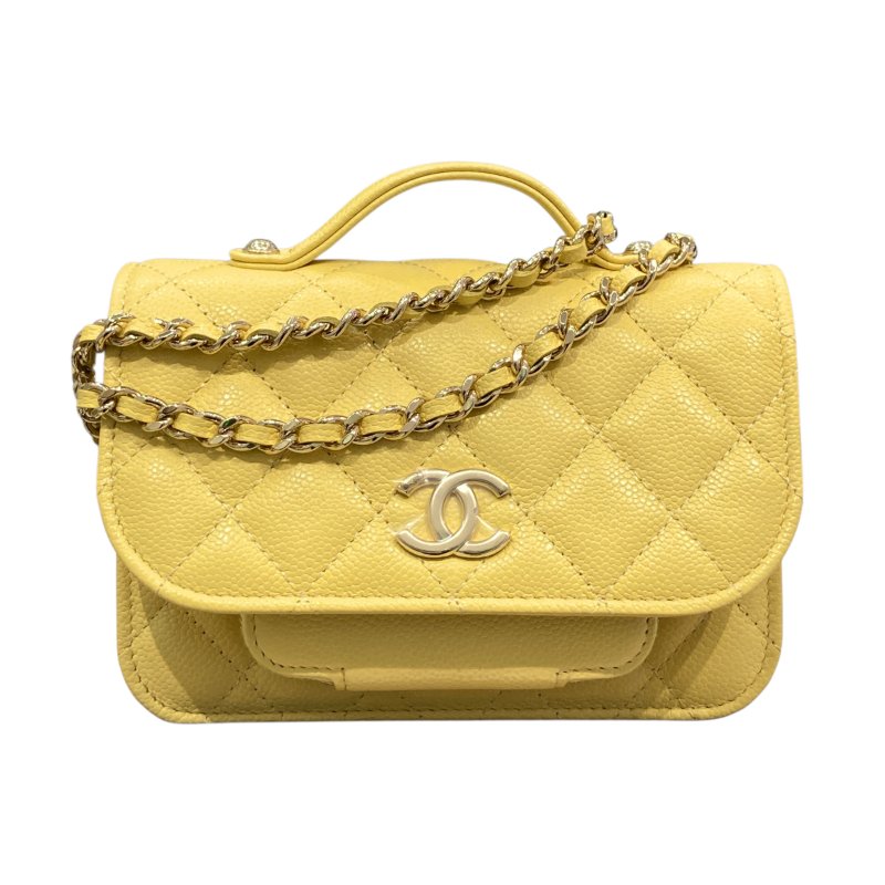 CHANEL 香奈兒 AP2914 BUSINESS AFFINITY BAG 小型手把口蓋郵差包 小牛皮 淺黃色 淺金釦-0