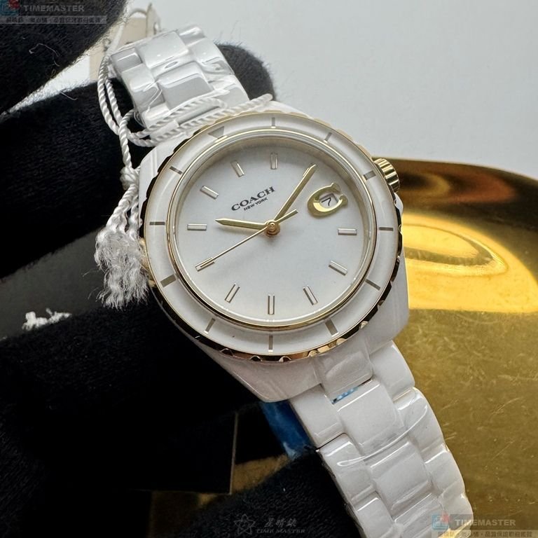 COACH手錶,編號CH00270,34mm白圓形陶瓷錶殼,白色簡約, 中三針顯示, 同J12設計錶面,白陶瓷錶帶款-2