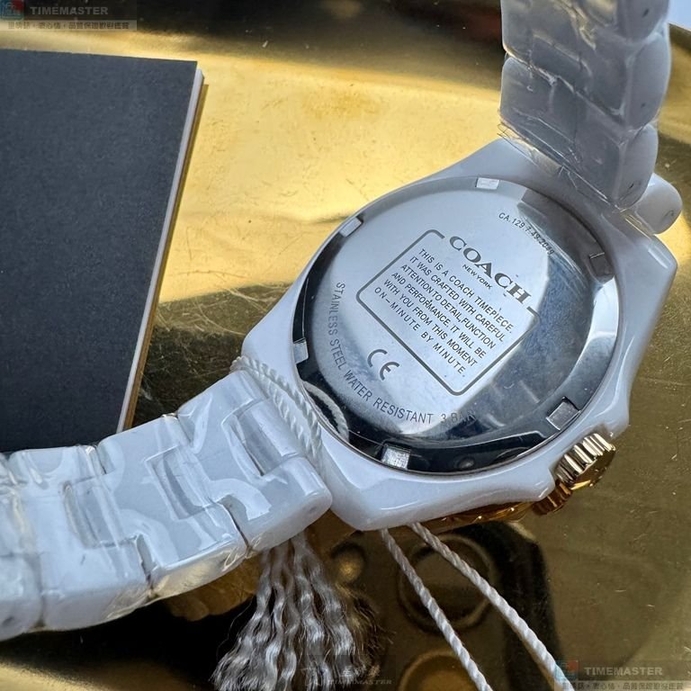 COACH手錶,編號CH00270,34mm白圓形陶瓷錶殼,白色簡約, 中三針顯示, 同J12設計錶面,白陶瓷錶帶款-4