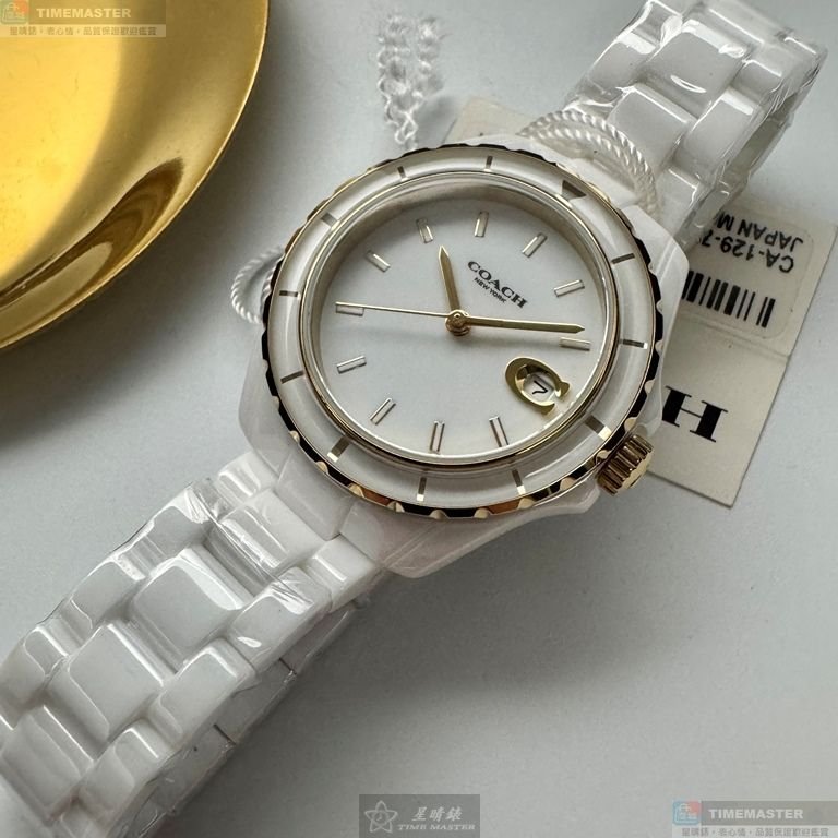 COACH手錶,編號CH00270,34mm白圓形陶瓷錶殼,白色簡約, 中三針顯示, 同J12設計錶面,白陶瓷錶帶款-6