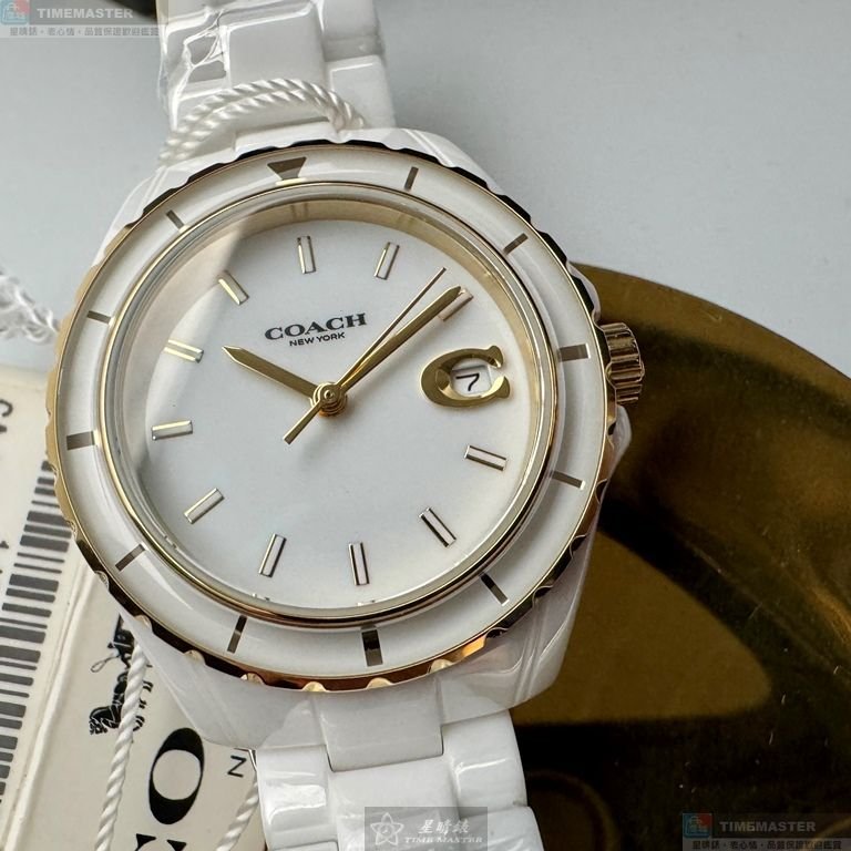 COACH手錶,編號CH00270,34mm白圓形陶瓷錶殼,白色簡約, 中三針顯示, 同J12設計錶面,白陶瓷錶帶款-8
