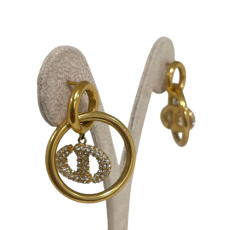 DIOR 迪奧 圓圈水鑽CD造型耳環 合金 金色-2