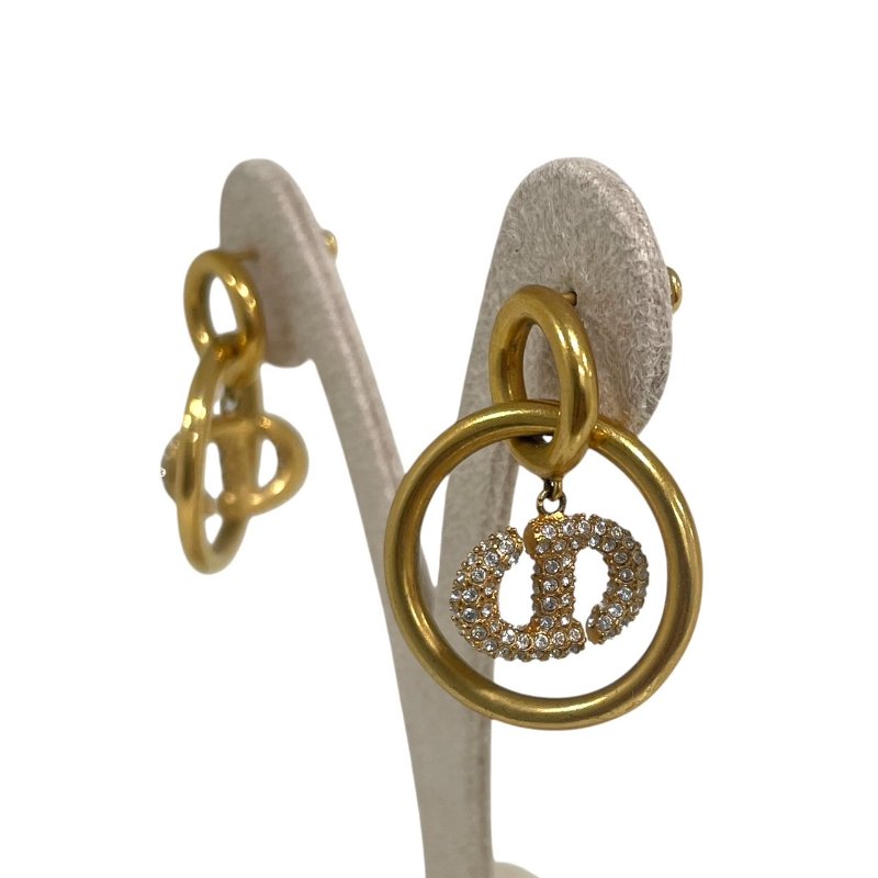 DIOR 迪奧 圓圈水鑽CD造型耳環 合金 金色-3