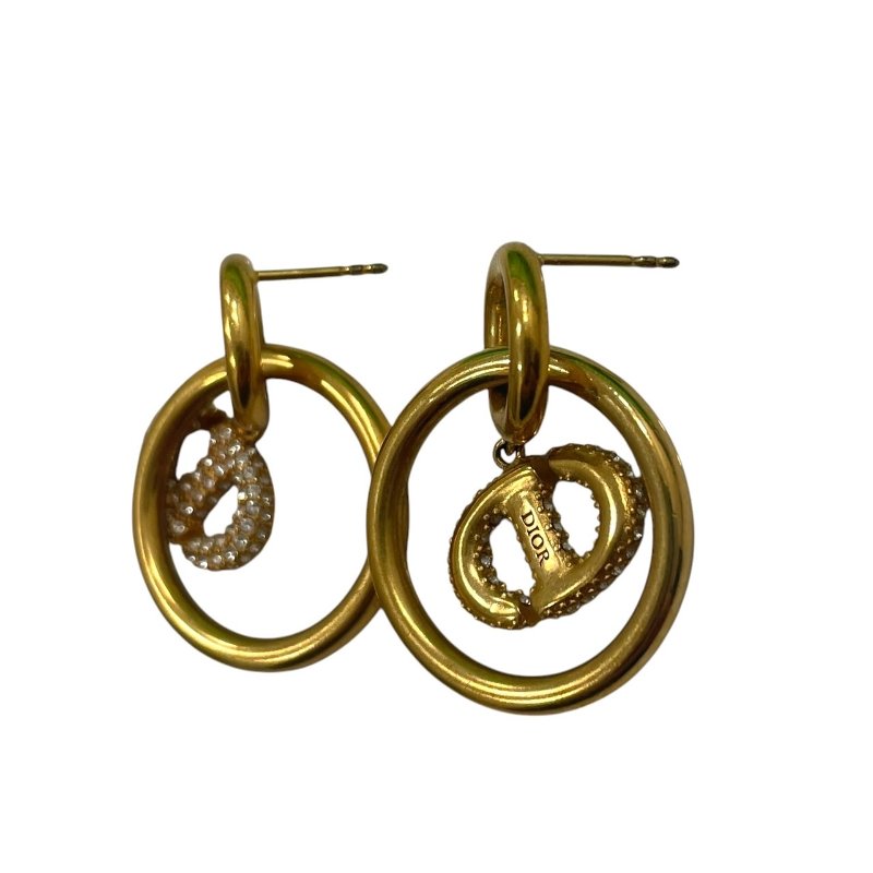 DIOR 迪奧 圓圈水鑽CD造型耳環 合金 金色-4