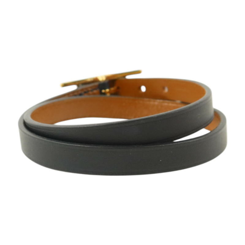 HERMES Swift皮革Behapi Double Tour金扣手鏈Noir/Fauve-2