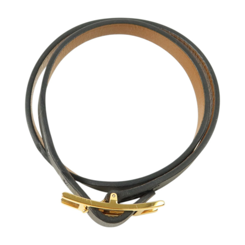 HERMES Swift皮革Behapi Double Tour金扣手鏈Noir/Fauve-3