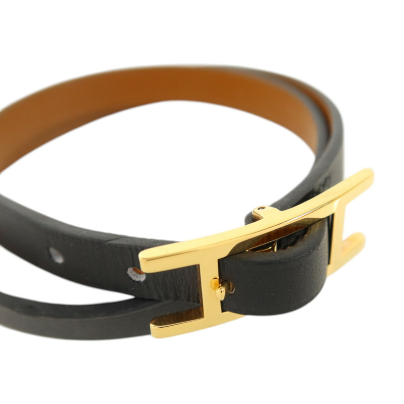 HERMES Swift皮革Behapi Double Tour金扣手鏈Noir/Fauve-4