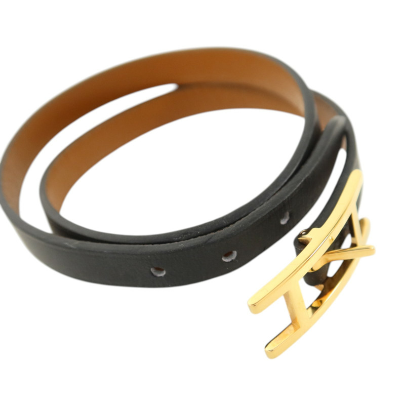 HERMES Swift皮革Behapi Double Tour金扣手鏈Noir/Fauve-5