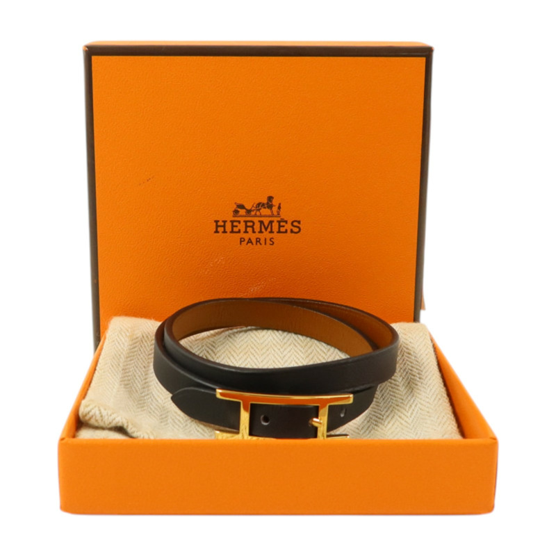 HERMES Swift皮革Behapi Double Tour金扣手鏈Noir/Fauve-8