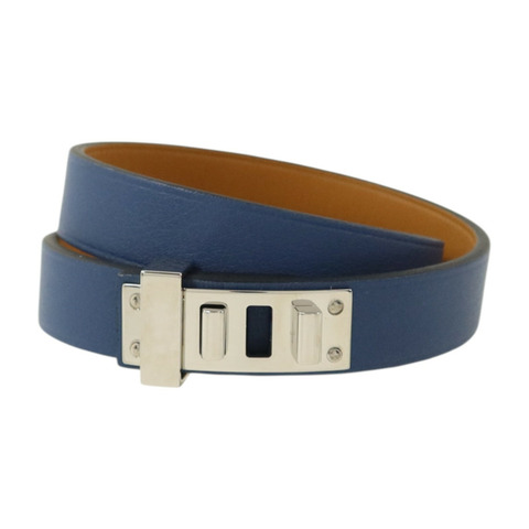 HERMES Swift皮革Mini Dog Double Tour Bracelet銀扣手鏈Bleu Brighton