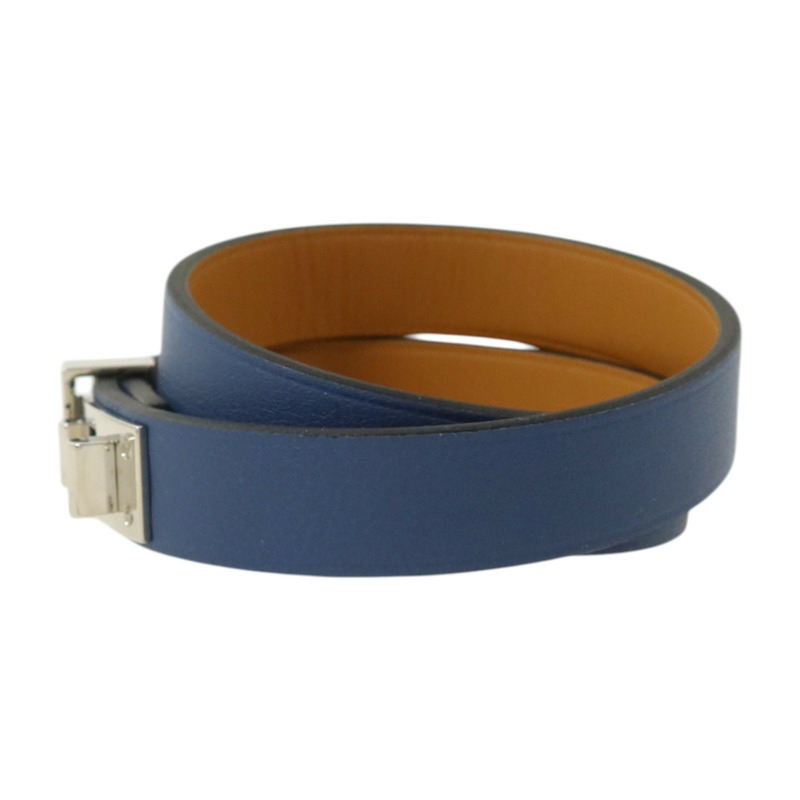 HERMES Swift皮革Mini Dog Double Tour Bracelet銀扣手鏈Bleu Brighton-1