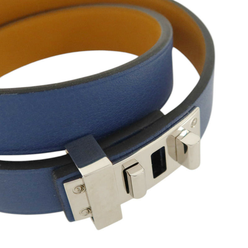 HERMES Swift皮革Mini Dog Double Tour Bracelet銀扣手鏈Bleu Brighton-4