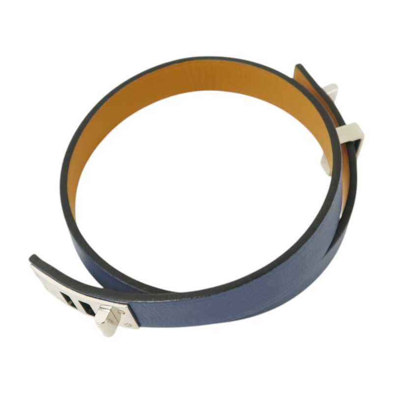 HERMES Swift皮革Mini Dog Double Tour Bracelet銀扣手鏈Bleu Brighton-8