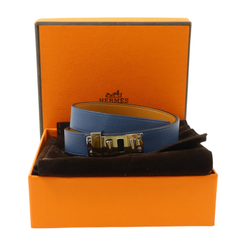 HERMES Swift皮革Mini Dog Double Tour Bracelet銀扣手鏈Bleu Brighton-9